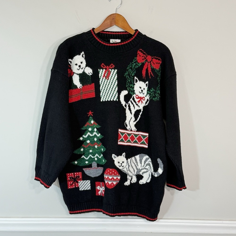 Vtg 90s Nutcracker Holiday Cats Presents Womans LG Ugly Christmas Sweater USA